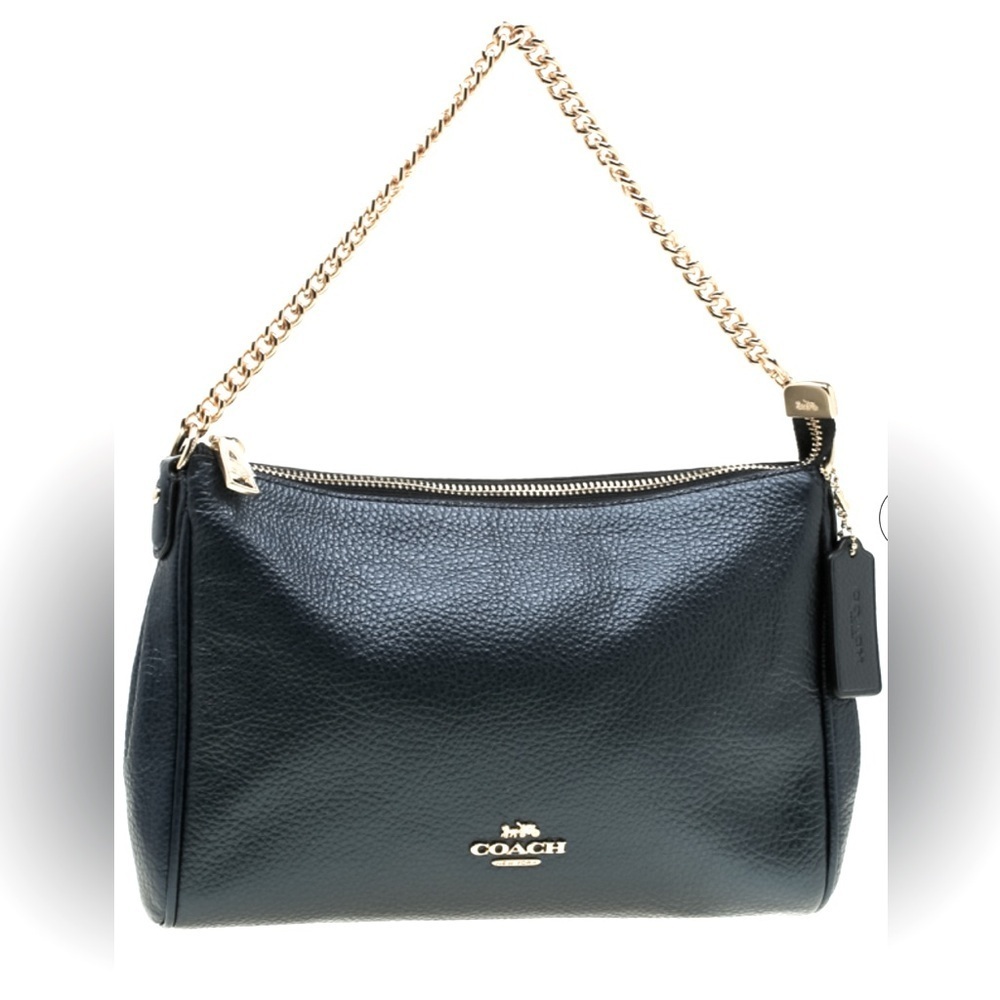 Coach metallic Carrie Crossbody bag with detachable strap and silver chain. Blue - Picture 1 of 7